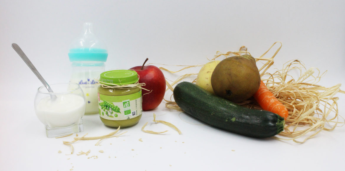 photo de fruits et légumes pour diversifier l'alimentation de bébé dès 4 mois : pomme poire banane courgette, pomme de terre, compote, lait et courge butternut